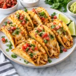 Mini baked chicken tacos filled with shredded chicken and melted cheese on a modern ceramic plate over a bright white marble surface, with crisp golden shells, pico de gallo, cilantro, and lime wedges.