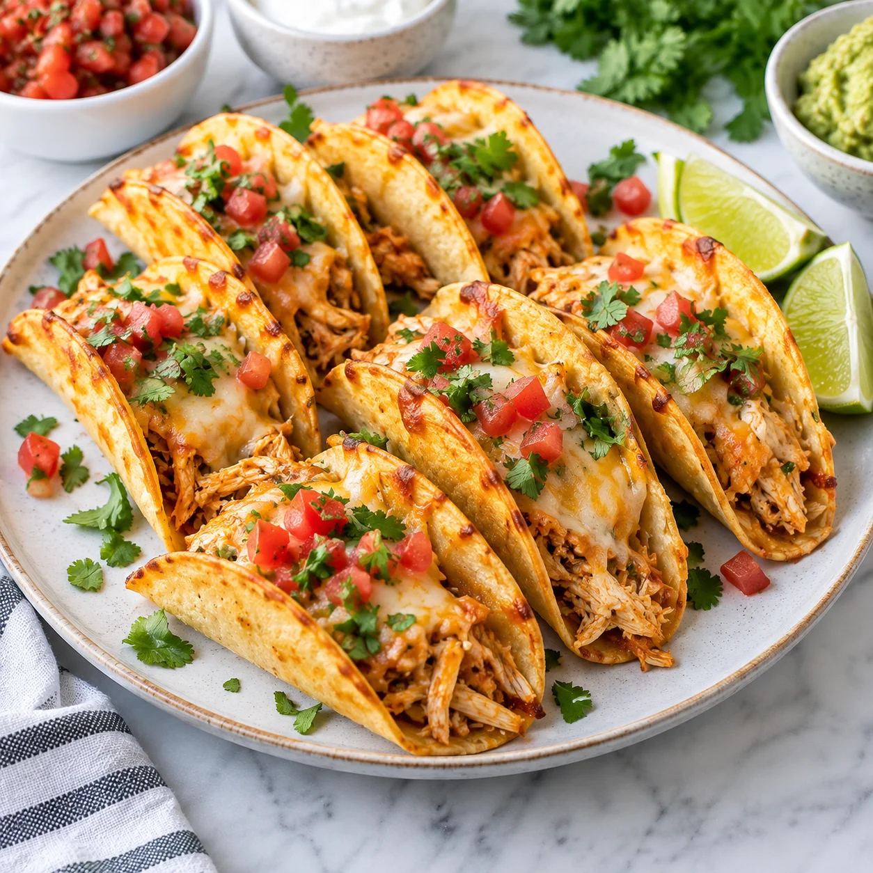 Mini baked chicken tacos filled with shredded chicken and melted cheese on a modern ceramic plate over a bright white marble surface, with crisp golden shells, pico de gallo, cilantro, and lime wedges.