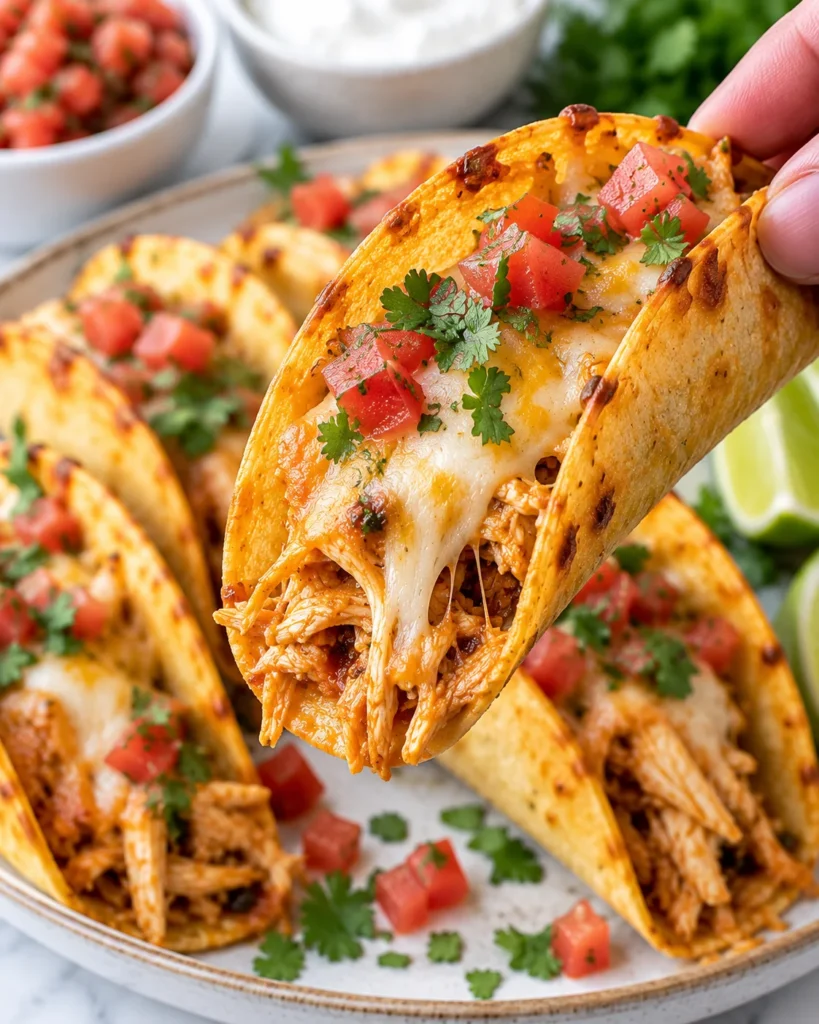 Close-up of a mini baked chicken taco lifted from a modern ceramic plate on a bright white marble surface, showing a crisp golden shell, saucy shredded chicken, melted cheese, diced tomato, and cilantro.