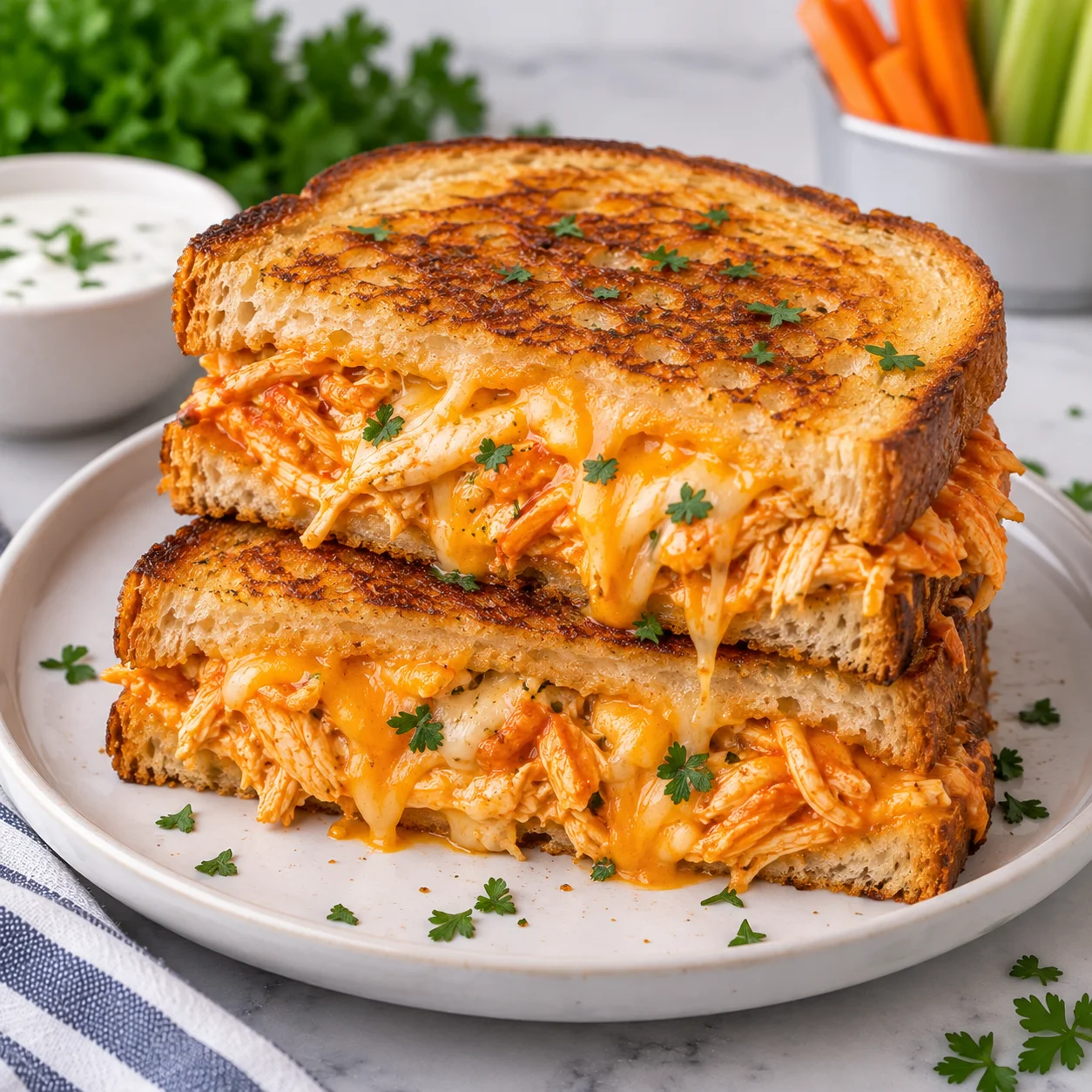 Close-up of buffalo chicken grilled cheese sandwich on the same white ceramic plate on a bright white marble-style surface, showing crisp golden bread, spicy shredded buffalo chicken, and melted cheese stretching between the sandwich layers