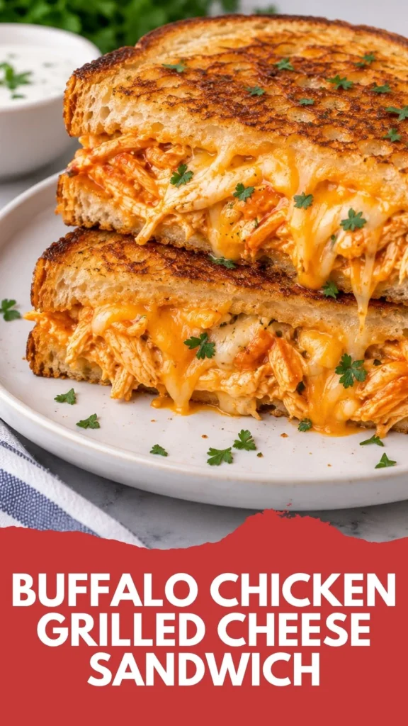 Close-up of buffalo chicken grilled cheese sandwich on the same white ceramic plate on a bright white marble-style surface, showing crisp golden bread, spicy shredded buffalo chicken, and melted cheese stretching between the sandwich layers