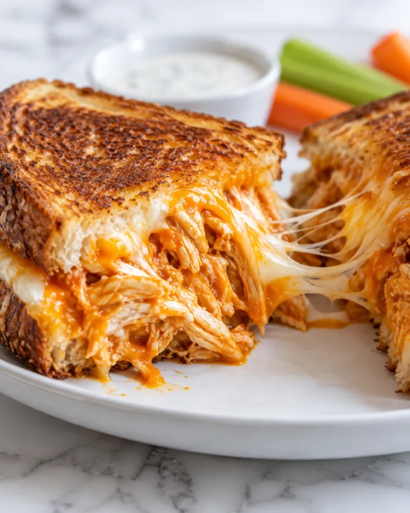 Close-up side-angle view of a buffalo chicken grilled cheese sandwich on a white ceramic plate on a bright white marble-style surface, showing crisp golden bread, spicy shredded buffalo chicken, and melted cheese stretching between the separated sandwich halves.