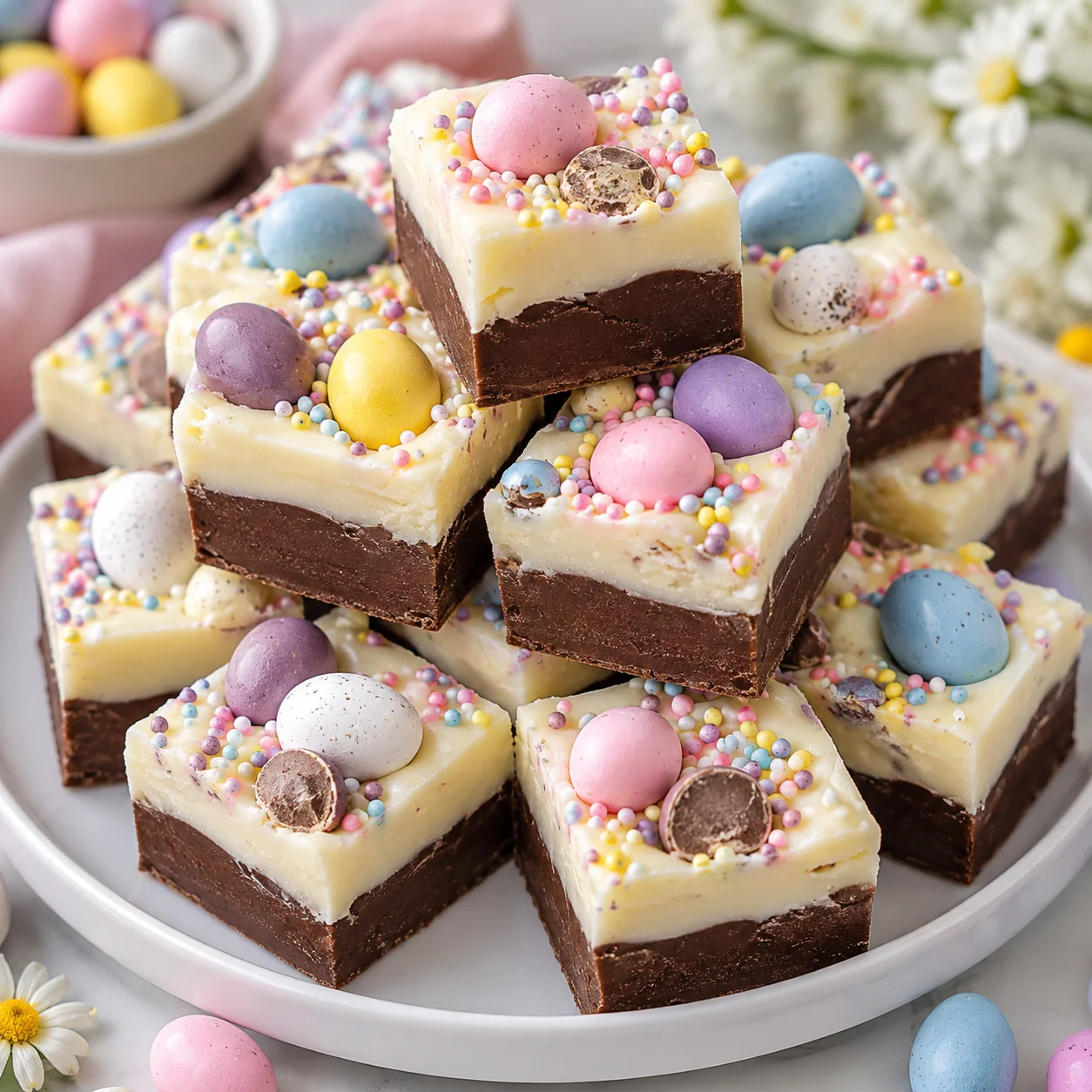 Easy Easter fudge squares stacked on a white plate on a bright white marble surface, with chocolate and white fudge layers topped with pastel mini eggs and colorful sprinkles.