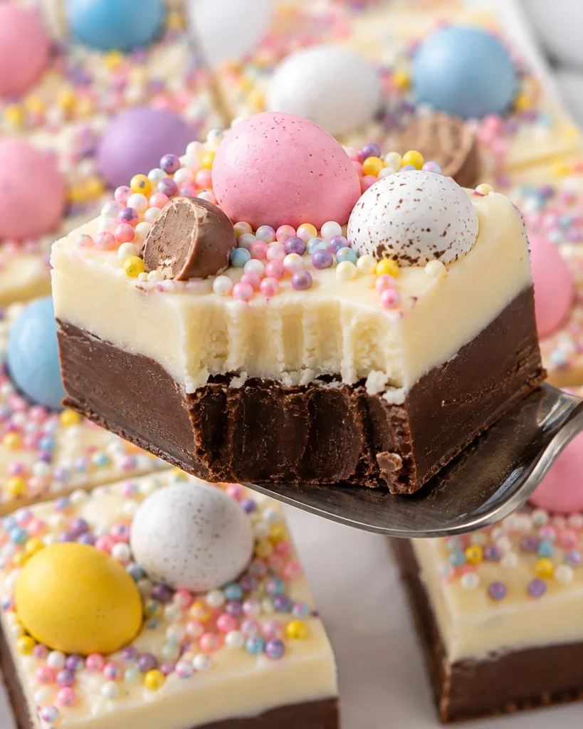 Close-up of Easy Easter fudge on a metal server, showing thick chocolate and white fudge layers with pastel mini eggs and colorful sprinkles on a white plate over a bright white marble setting.