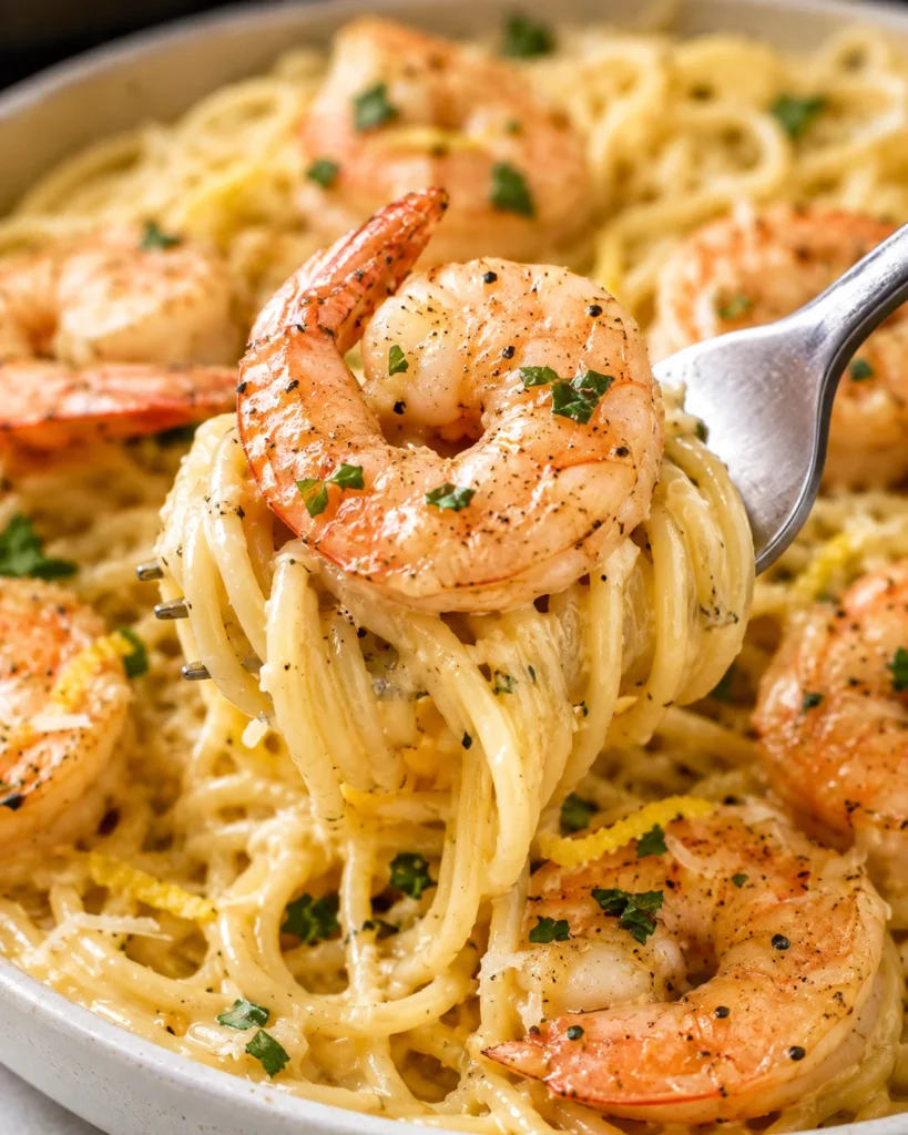 Close-up of creamy lemon shrimp pasta in the same shallow ivory bowl, with a fork lifting saucy spaghetti and shrimp over the white marble setting, showing glossy noodles, Parmesan, parsley, lemon zest, and a disturbed serving area below.