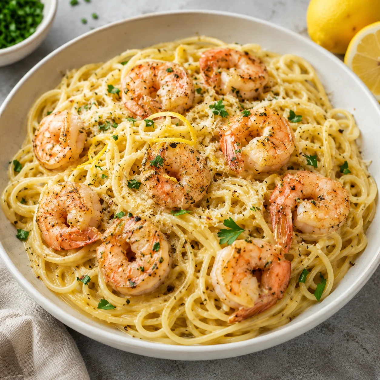 Lemon shrimp pasta with creamy spaghetti, pink shrimp, Parmesan, parsley, and lemon zest served in a shallow ivory bowl on a bright white marble-style surface, softly lit with natural light.