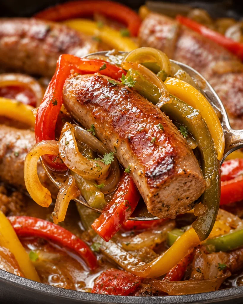 sausage and peppers with a serving spoon lifting browned sausage, glossy bell pepper strips, onions, and pan sauce from a modern pan on a white marble setting, showing caramelized edges and saucy texture.