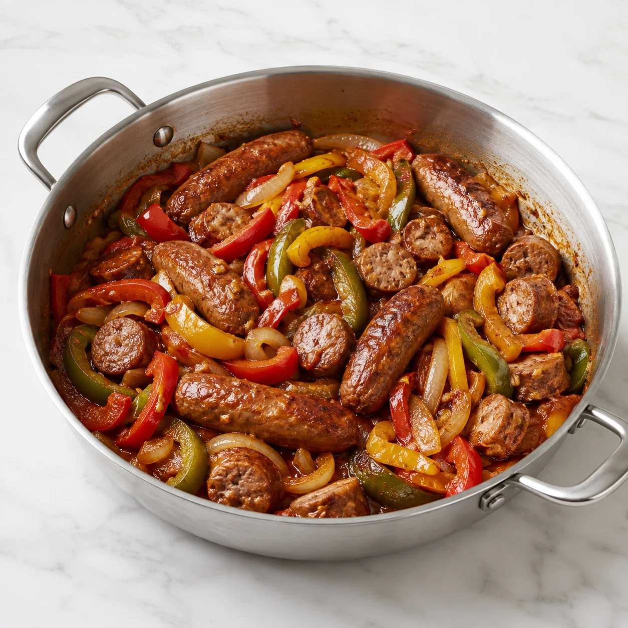 Close-up of sausage and peppers with a serving spoon lifting browned sausage, glossy bell pepper strips, onions, and pan sauce from a modern pan on a white marble setting, showing caramelized edges and saucy texture.
