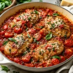 Chicken Pomodoro served in a modern white skillet on a bright white marble surface, with golden seared chicken in chunky tomato sauce, cherry tomatoes, Parmesan, basil, and parsley.