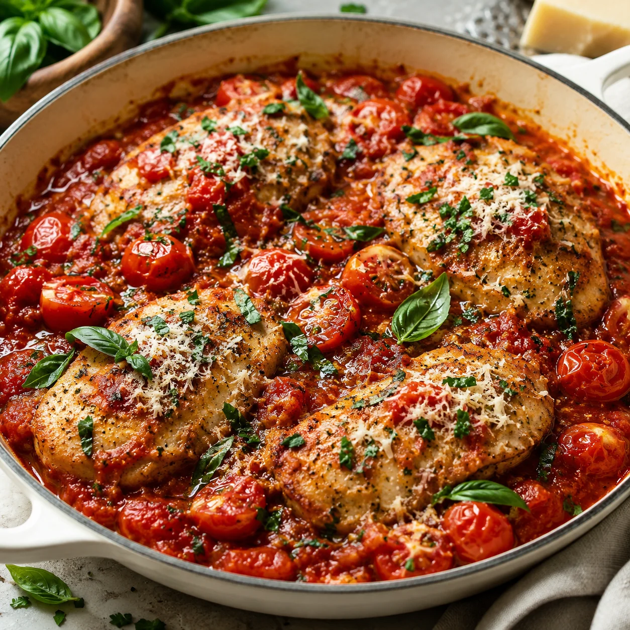 Chicken Pomodoro served in a modern white skillet on a bright white marble surface, with golden seared chicken in chunky tomato sauce, cherry tomatoes, Parmesan, basil, and parsley.