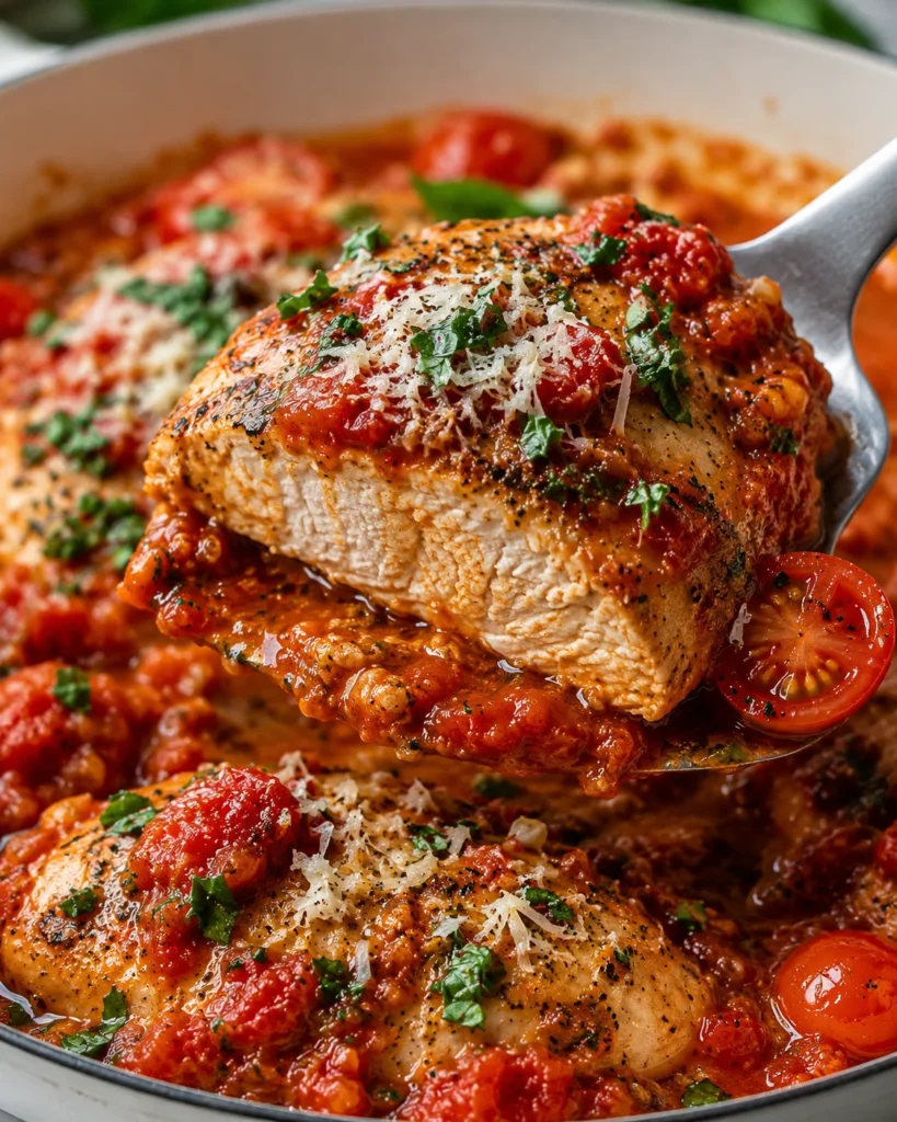 Close-up of Chicken Pomodoro in a modern white skillet on a bright white marble surface, with a saucy piece of golden chicken lifted on a metal spatula, showing tender interior, chunky tomato sauce, cherry tomatoes, Parmesan, and herbs.