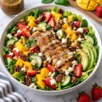 Mango salad with sliced grilled chicken in a modern white ceramic bowl on white marble, showing romaine, spinach, diced mango, strawberries, cucumber, avocado, feta, candied pecans, and glossy honey Dijon balsamic dressing.