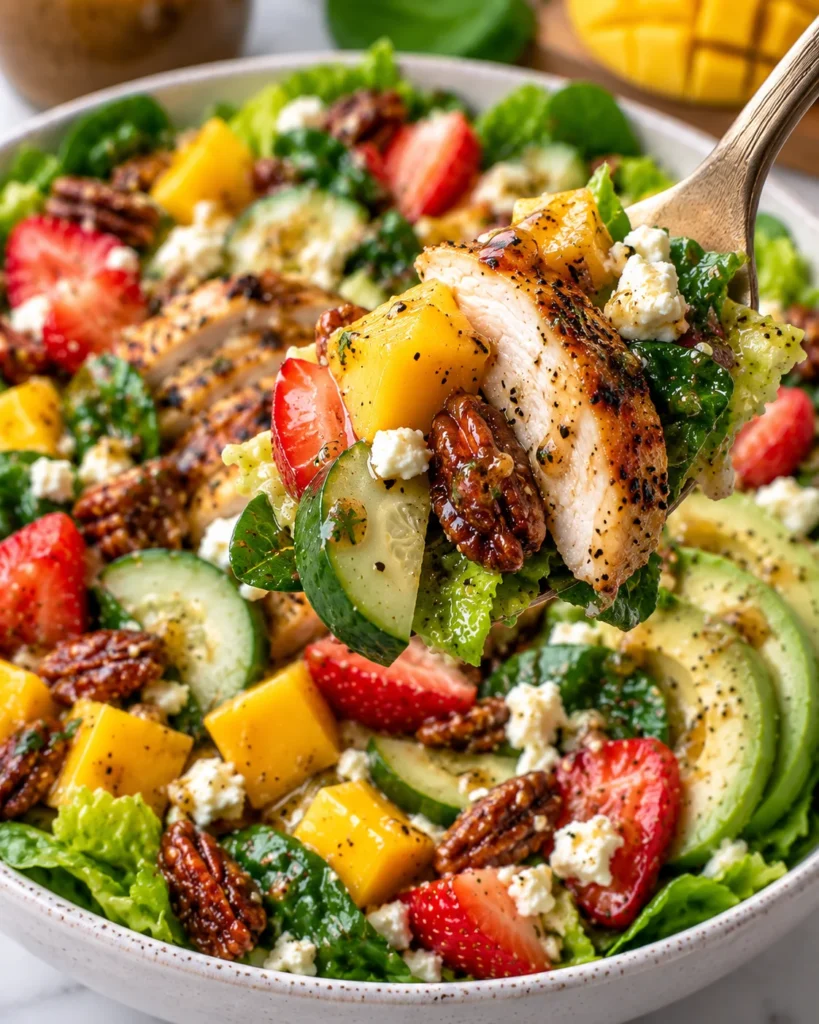 Close-up of mango chicken salad lifted on a fork from a modern white ceramic bowl on white marble, showing grilled chicken, mango, strawberry, cucumber, greens, feta, candied pecans, and glossy dressing.