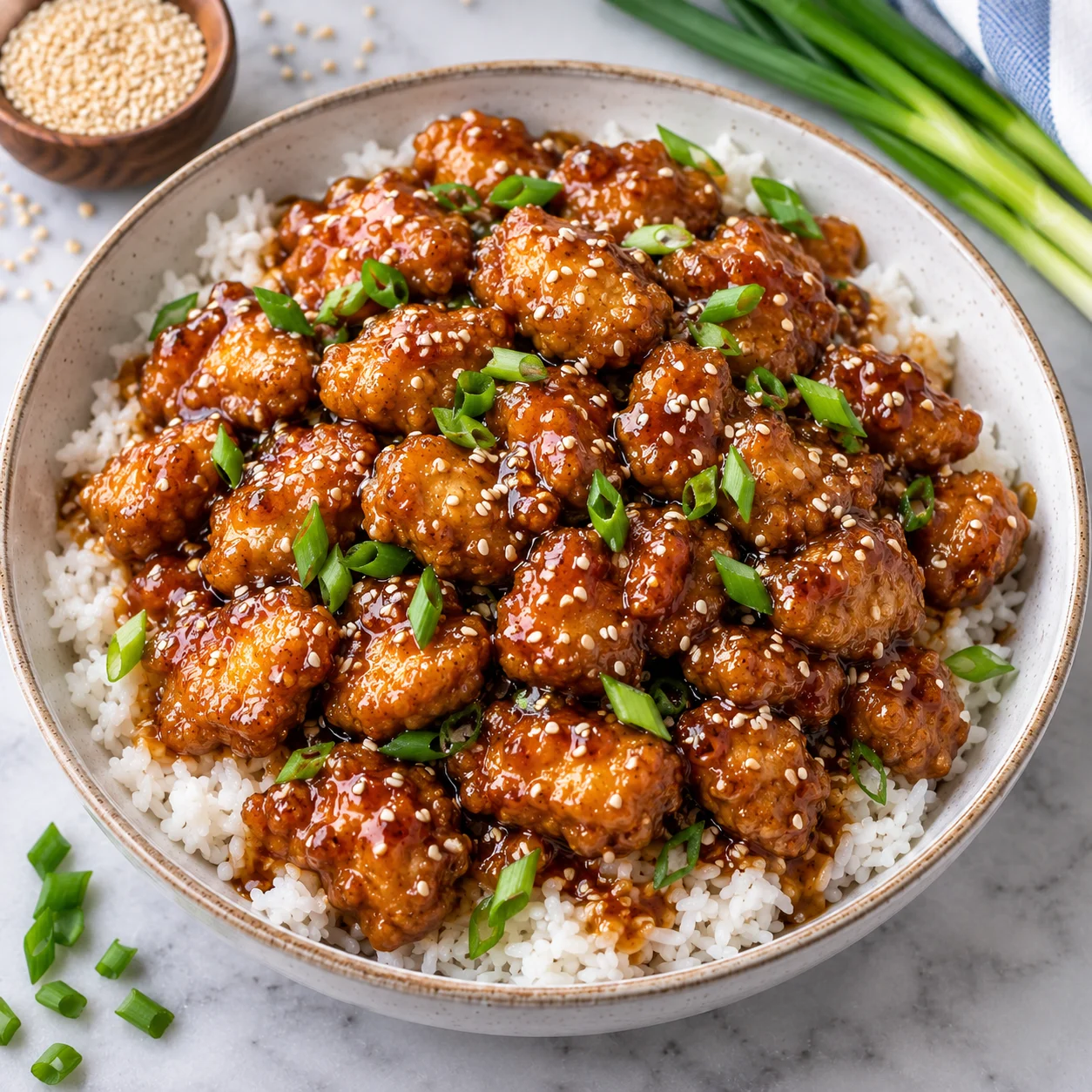 sesame chicken lifted on a spoon from a modern white ceramic bowl on white marble, showing glossy amber sauce, crisp chicken pieces, sesame seeds, scallions, rice, and a disturbed serving area below.