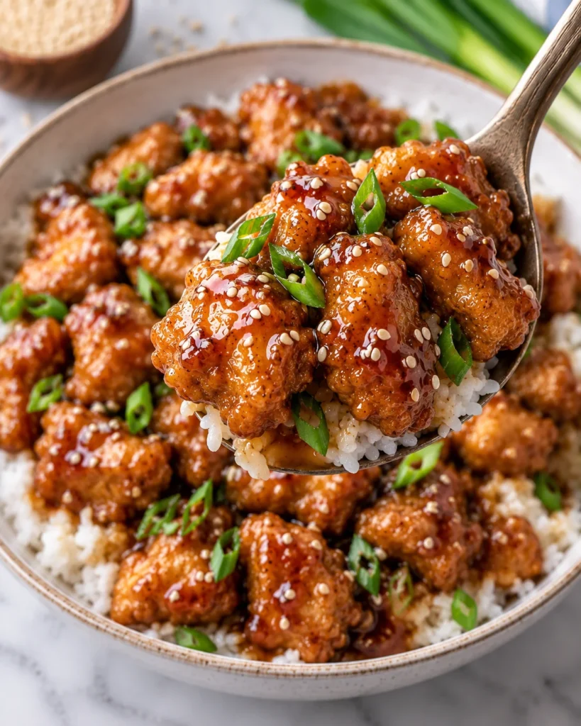 Close-up of sesame chicken lifted on a spoon from a modern white ceramic bowl on white marble, showing glossy amber sauce, crisp chicken pieces, sesame seeds, scallions, rice, and a disturbed serving area below.