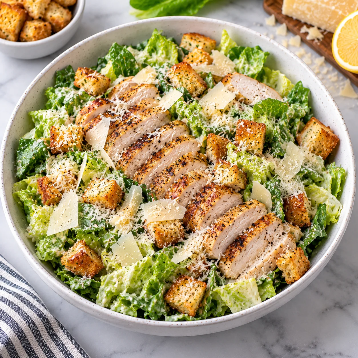 Chicken Caesar salad in a modern white ceramic bowl on white marble, with sliced grilled chicken, crisp romaine, golden croutons, grated and shaved Parmesan, creamy dressing, and cracked pepper.