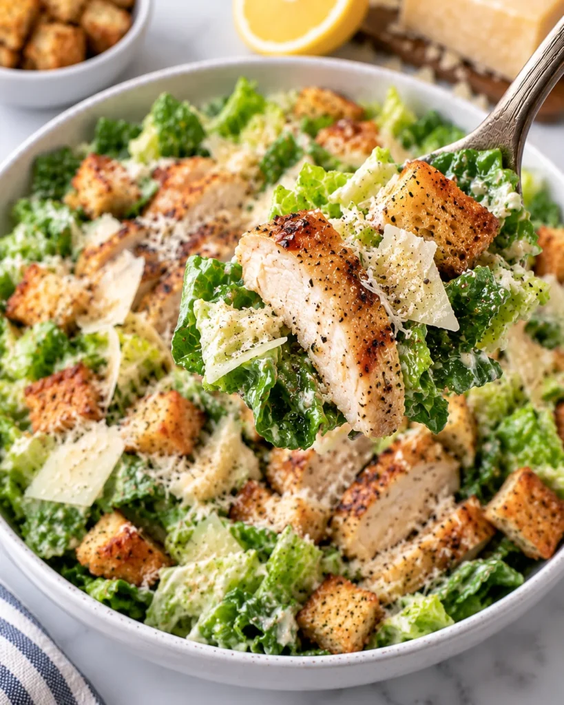 Close-up of chicken Caesar salad lifted on a fork from a modern white ceramic bowl on white marble, showing grilled chicken, crisp romaine, crouton, Parmesan shavings, creamy Caesar dressing, cracked pepper, and a disturbed area in the salad below.