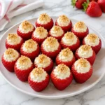 Cheesecake stuffed strawberries arranged on a cream ceramic plate, filled with piped vanilla cream cheese mixture and topped with graham cracker crumbs on a bright white marble surface.