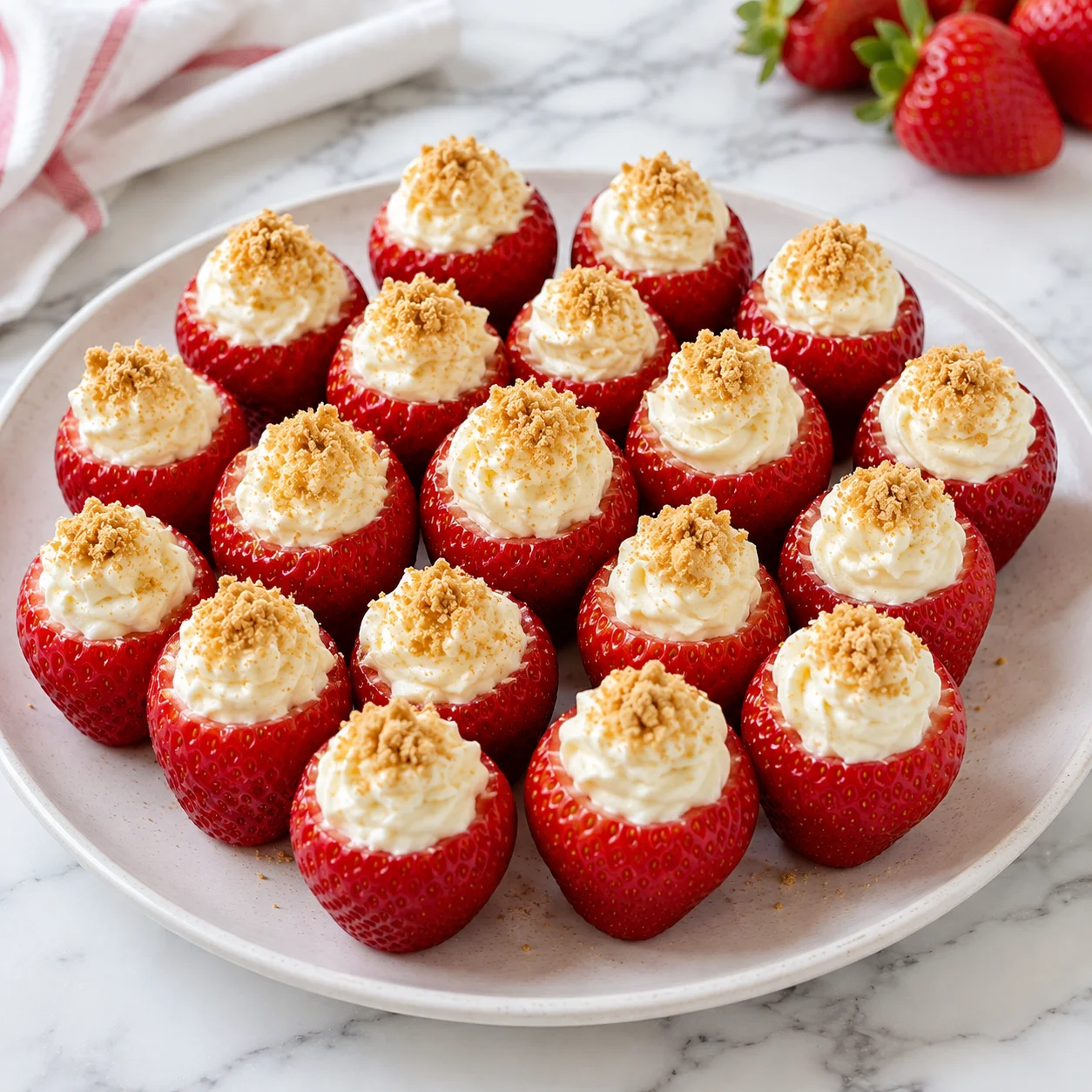 Cheesecake stuffed strawberries arranged on a cream ceramic plate, filled with piped vanilla cream cheese mixture and topped with graham cracker crumbs on a bright white marble surface.
