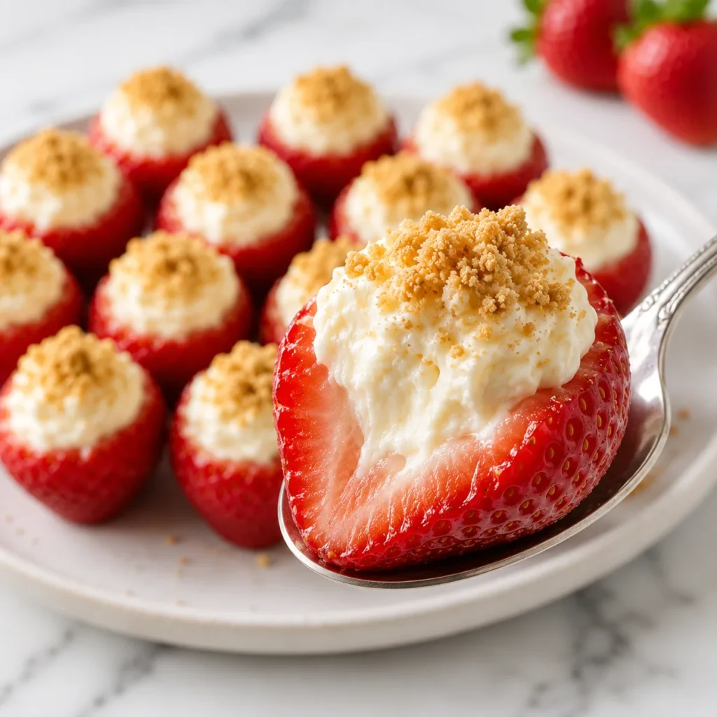 lose-up of a cheesecake stuffed strawberry on a silver spoon, showing creamy filling, graham cracker crumbs, and blurred stuffed strawberries on the same plate behind it.