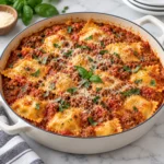 Ravioli in a cream-colored skillet on a bright white marble surface, with cheese ravioli coated in a thick tomato-cream sauce, diced tomatoes, Parmesan, herbs, and black pepper in a square main recipe photograph.