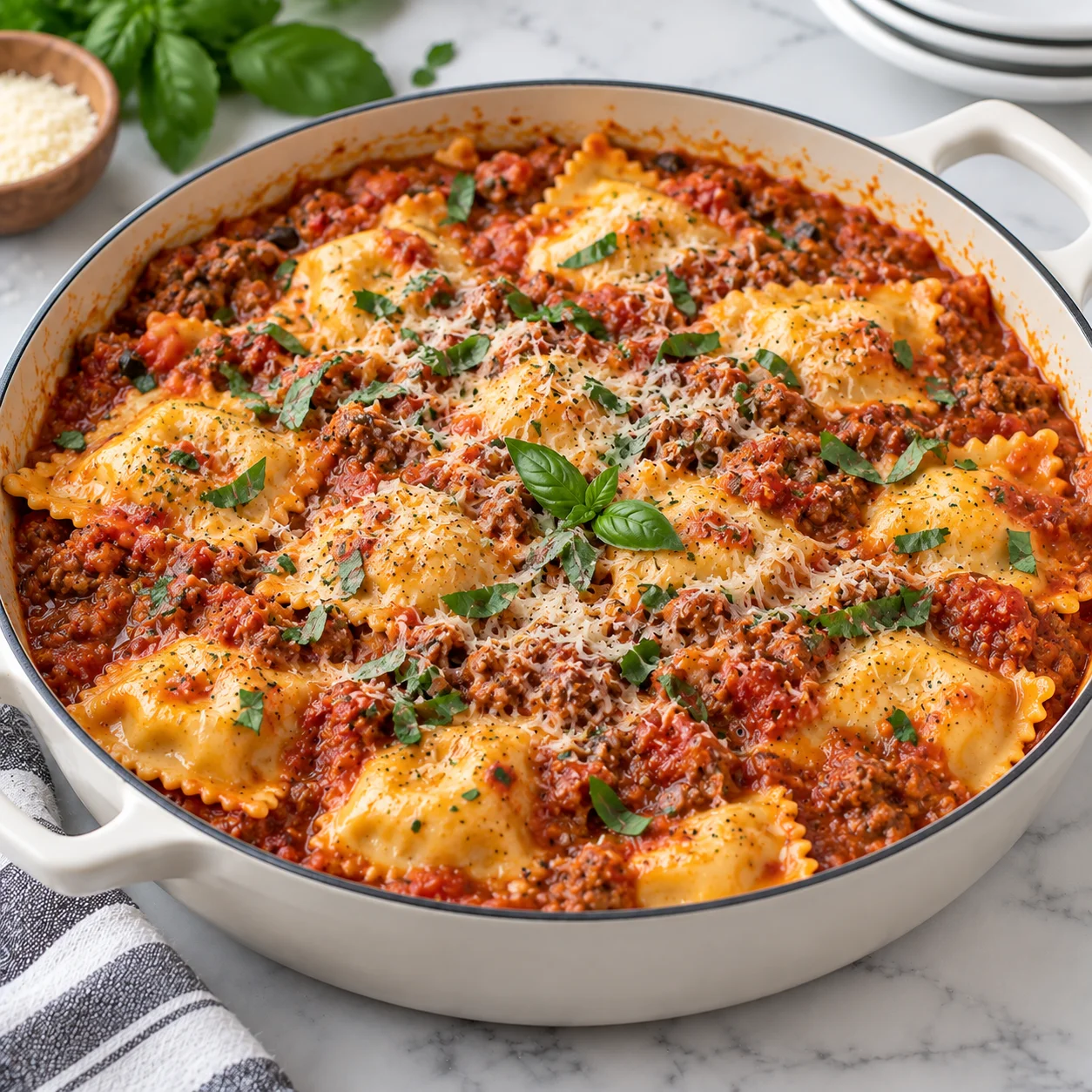 Ravioli in a cream-colored skillet on a bright white marble surface, with cheese ravioli coated in a thick tomato-cream sauce, diced tomatoes, Parmesan, herbs, and black pepper in a square main recipe photograph.