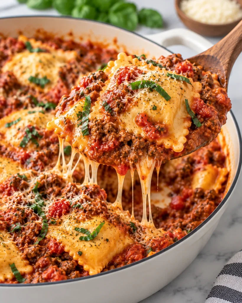 Close-up of ravioli sauce being lifted from the same cream-colored skillet on a white marble surface, showing cheese ravioli, thick tomato-cream meat sauce, Parmesan, basil, and a disturbed serving area where the portion was removed.