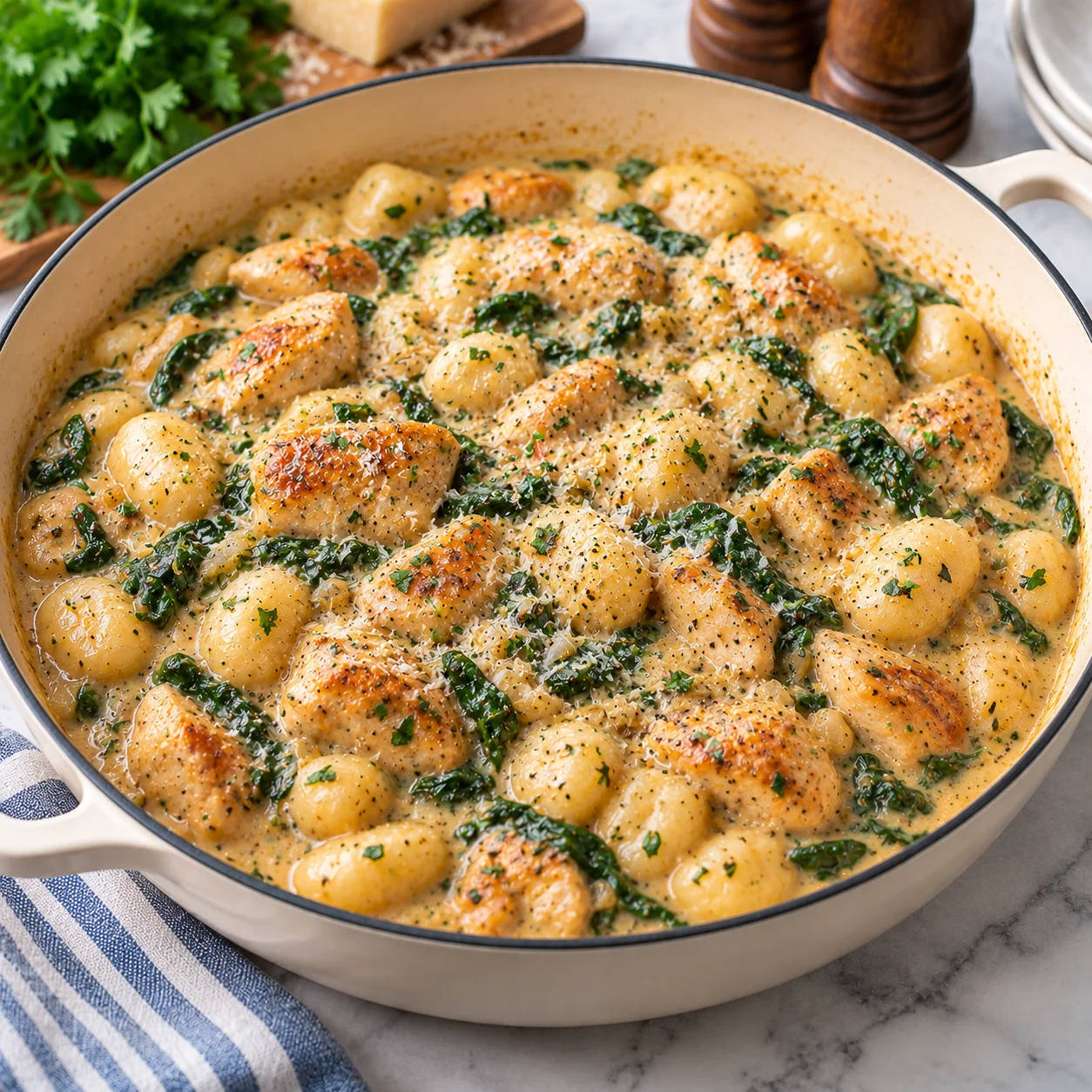 Creamy chicken and gnocchi served in a cream enamel skillet on white marble, with browned chicken pieces, pillowy gnocchi, wilted spinach, Parmesan, and a glossy cream sauce.