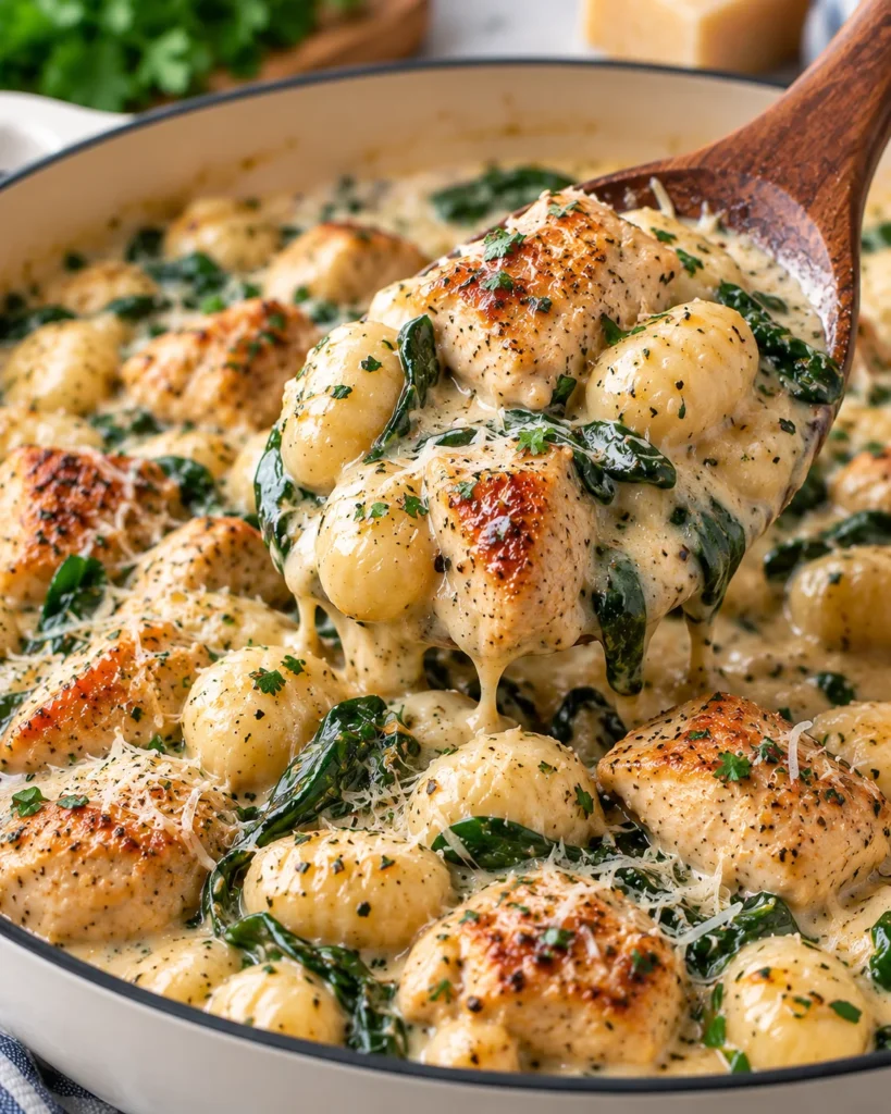 Close-up of creamy chicken and gnocchi in a cream enamel skillet, with a wooden spoon lifting browned chicken, pillowy gnocchi, spinach, and glossy Parmesan cream sauce over a white marble setting.