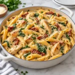 Creamy chicken pasta in a modern white handled skillet on a bright white marble surface, with penne, seared chicken, Parmesan cream sauce, herbs, and optional spinach and sun-dried tomatoes in a square main recipe photograph.