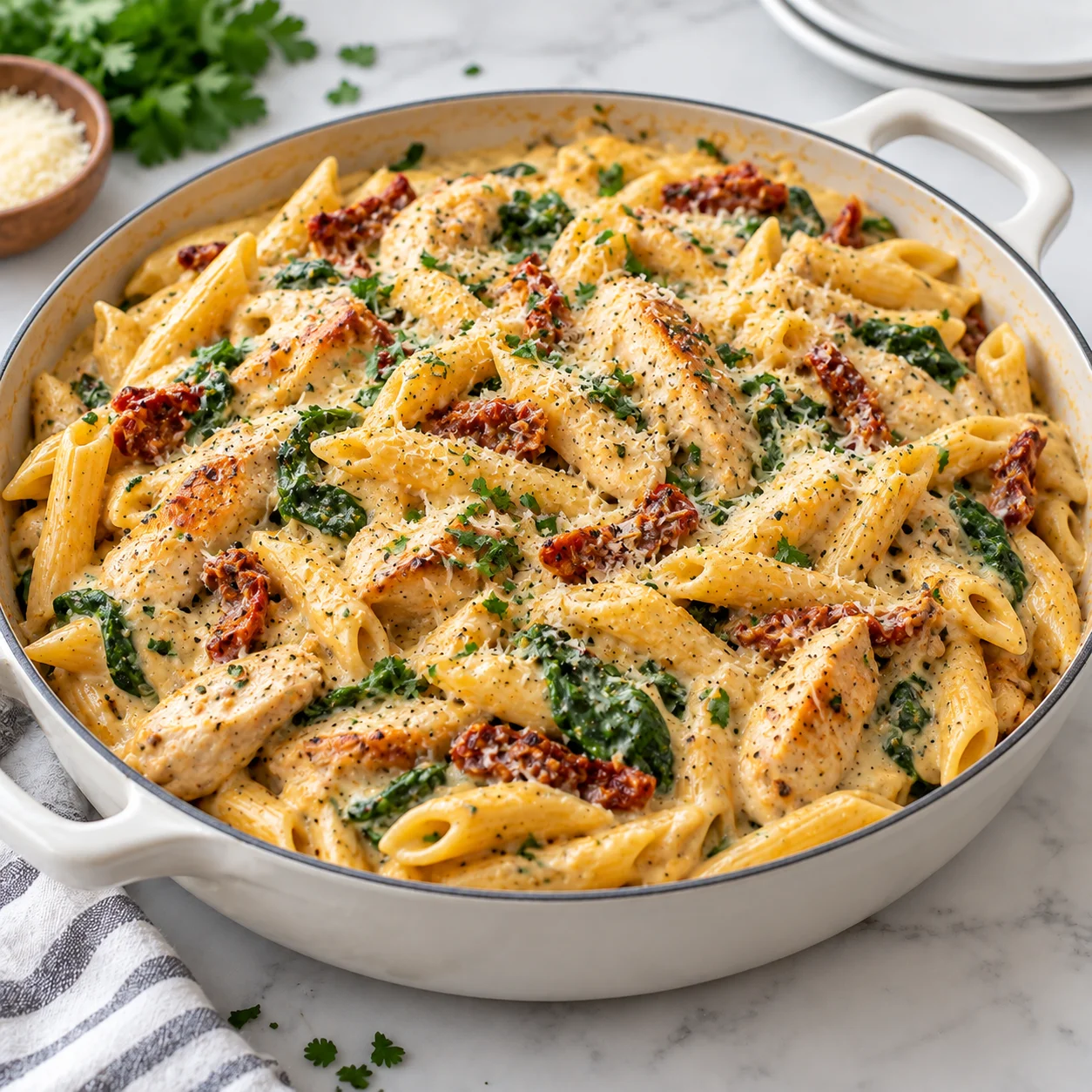 Creamy chicken pasta in a modern white handled skillet on a bright white marble surface, with penne, seared chicken, Parmesan cream sauce, herbs, and optional spinach and sun-dried tomatoes in a square main recipe photograph.