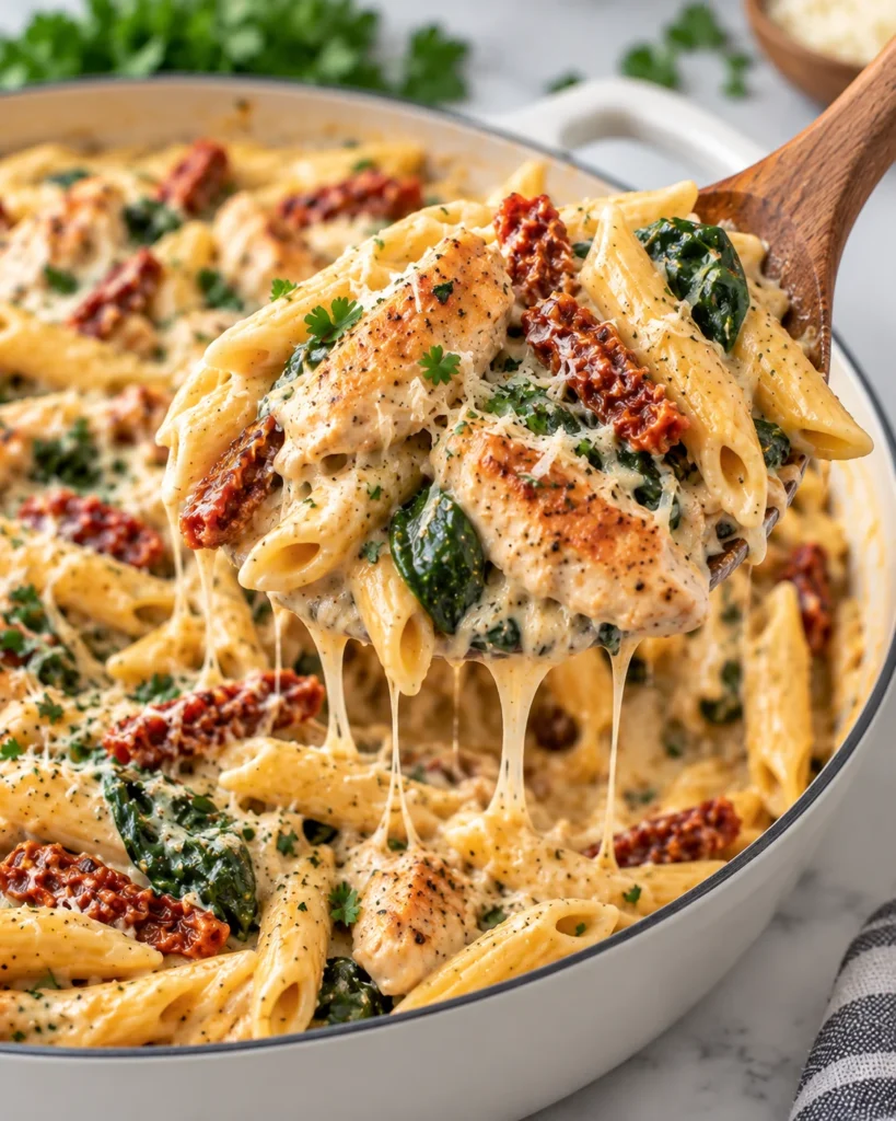 Close-up of creamy chicken pasta being lifted from the same white handled skillet on a white marble surface, showing penne, seared chicken, Parmesan cream sauce, spinach, sun-dried tomatoes, and a disturbed scoop area where the portion was removed.