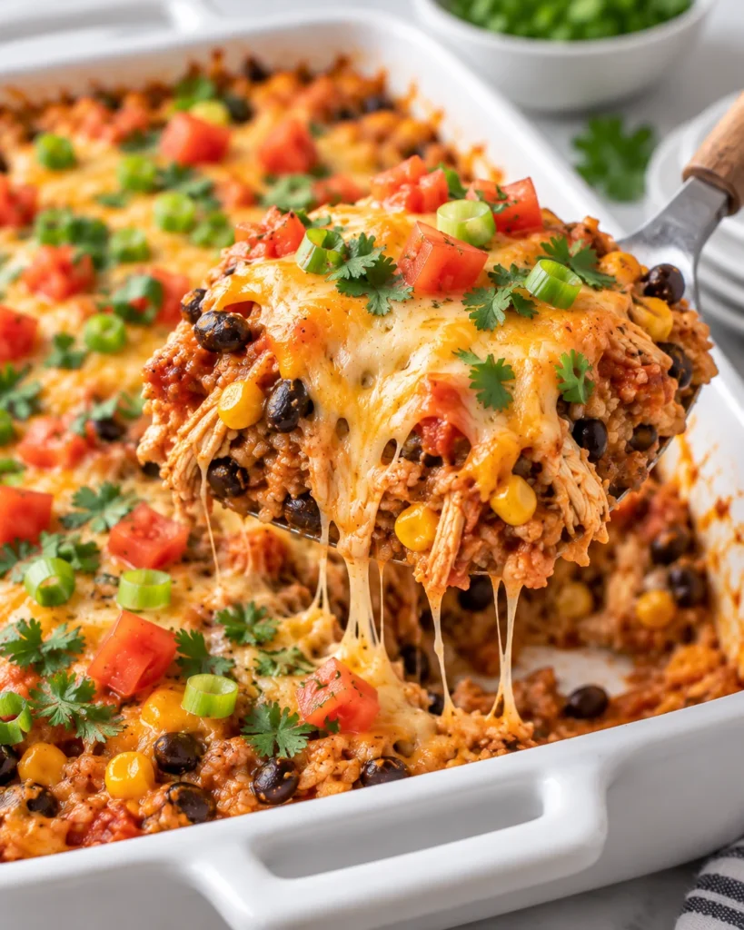 Close-up of easy chicken burrito casserole being lifted from the same white ceramic baking dish on a white marble surface, showing shredded chicken, rice, black beans, corn, tomato sauce, melted cheese, and a disturbed serving area where the portion was removed.