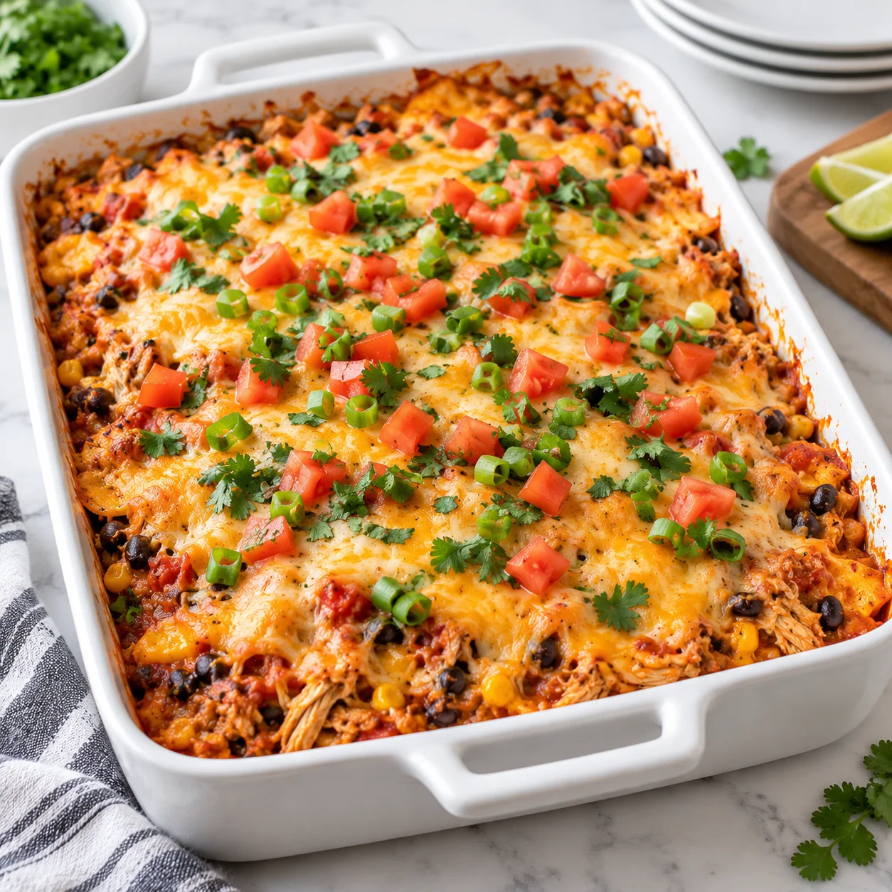 easy chicken burrito casserole in a white ceramic baking dish on a bright white marble surface, with shredded chicken, rice, black beans, corn, melted Monterey Jack cheese, and fresh cilantro in a square main recipe photograph.