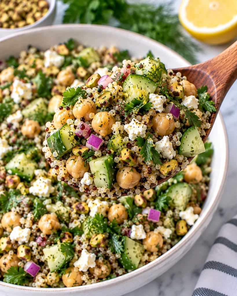 Close-up of Jennifer Aniston salad lifted on a spoon from a modern white ceramic bowl on a bright white marble surface, showing quinoa, chickpeas, cucumber, red onion, feta, pistachios, parsley, and dill with lemon-garlic dressing.