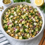 Jennifer Aniston salad with quinoa, chickpeas, cucumber, red onion, feta, pistachios, parsley, and dill served in a modern white ceramic bowl on a bright white marble surface, showing a fresh lemon-garlic dressed Mediterranean texture.