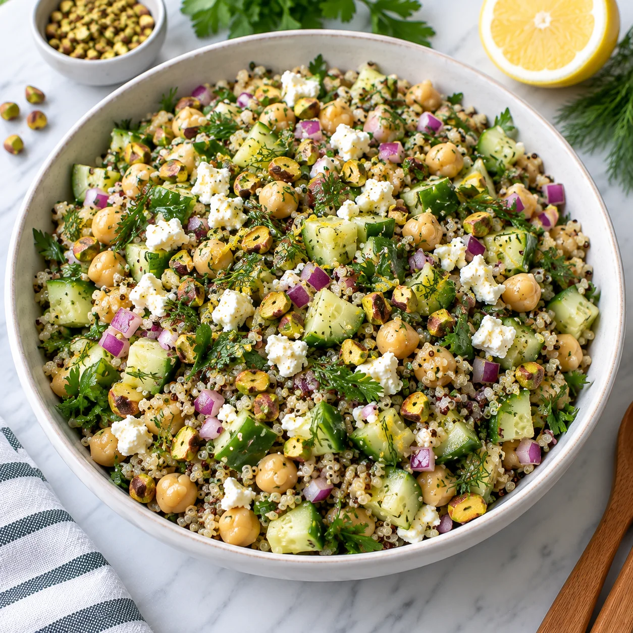 Jennifer Aniston salad with quinoa, chickpeas, cucumber, red onion, feta, pistachios, parsley, and dill served in a modern white ceramic bowl on a bright white marble surface, showing a fresh lemon-garlic dressed Mediterranean texture.