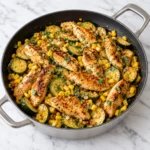 garlic butter chicken with zucchini and corn, showing seared chicken, glossy zucchini, corn, herbs, and buttery garlic sauce.
