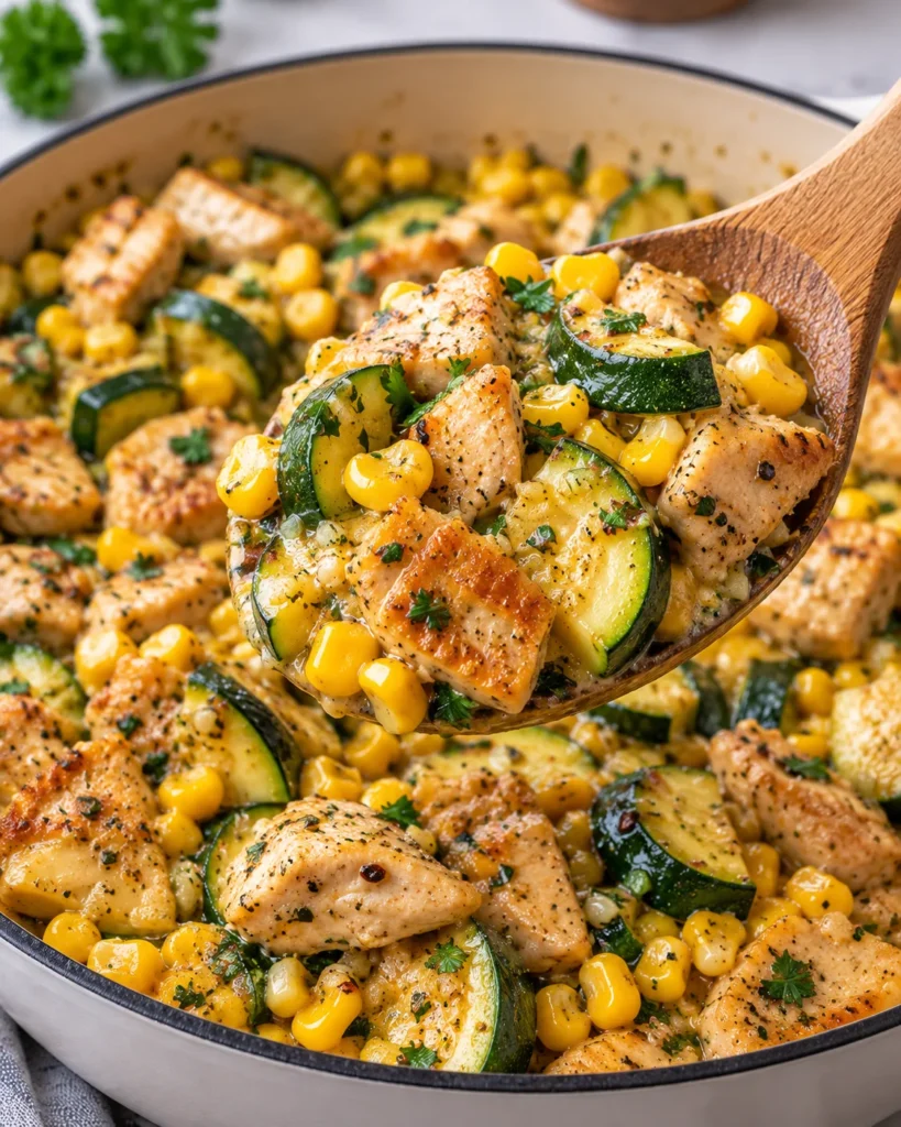 Close-up of garlic butter chicken with zucchini and corn lifted in a wooden spoon from the same cream-colored, dark-rimmed pot on a bright white marble-style surface, showing seared chicken, glossy zucchini, corn, herbs, and buttery garlic sauce.