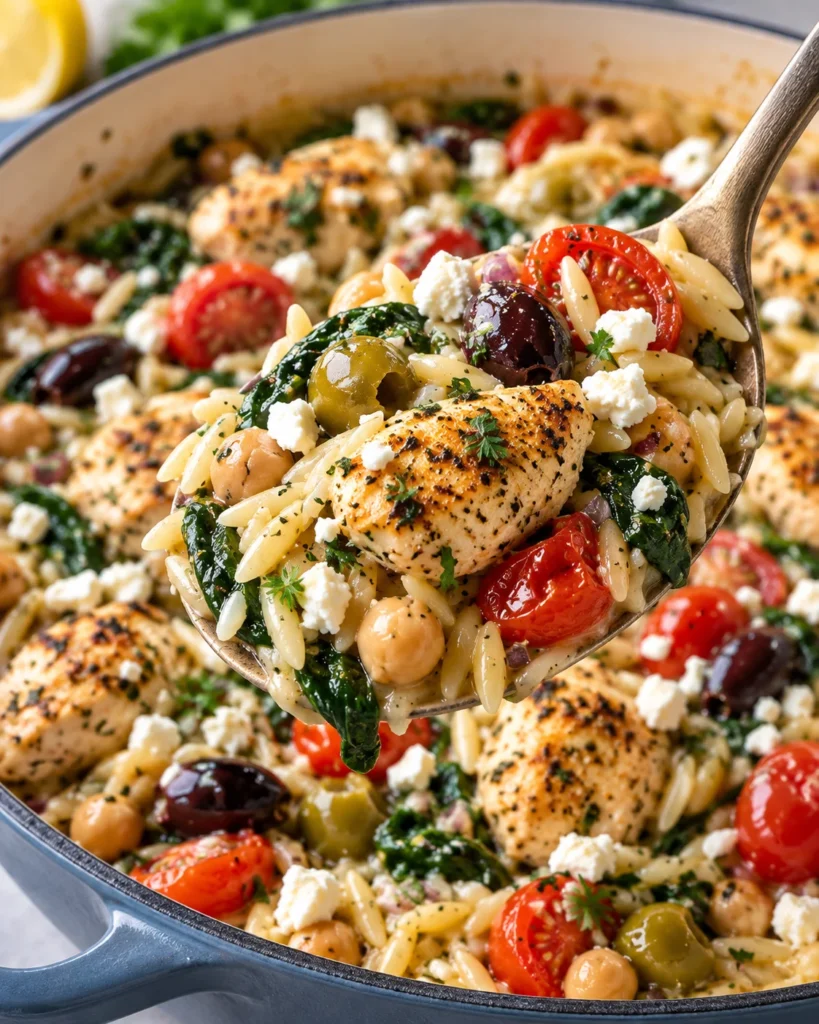 Close-up of Greek chicken orzo lifted on a spoon from a blue-gray enameled skillet on white marble, showing creamy orzo, browned chicken, spinach, tomatoes, olives, chickpeas, feta, and a disturbed scoop area beneath.