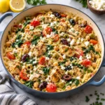 Greek chicken orzo in a blue-gray enameled skillet on a white marble surface, with browned chicken, creamy orzo, spinach, cherry tomatoes, olives, chickpeas, and crumbled feta