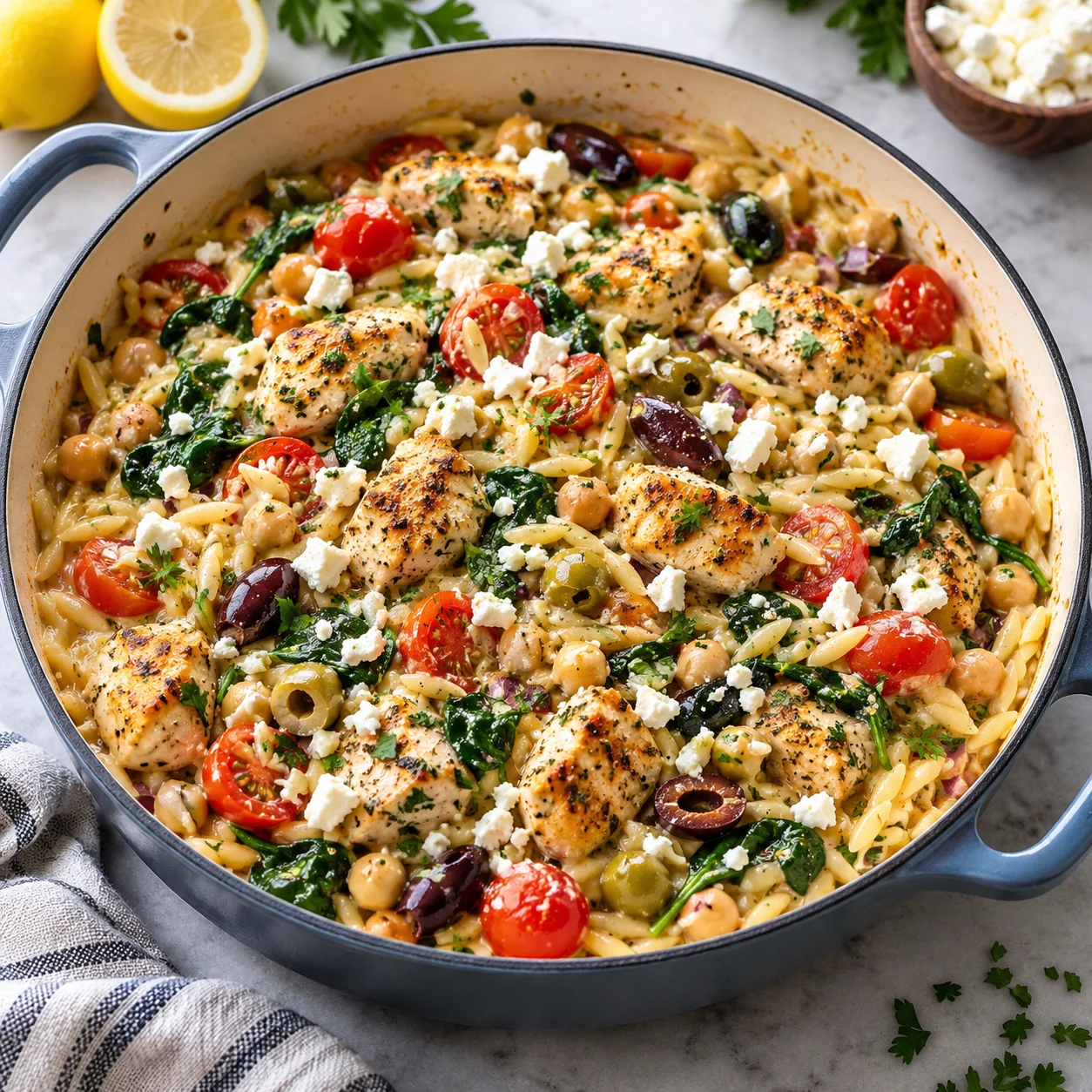 Greek chicken orzo in a blue-gray enameled skillet on a white marble surface, with browned chicken, creamy orzo, spinach, cherry tomatoes, olives, chickpeas, and crumbled feta