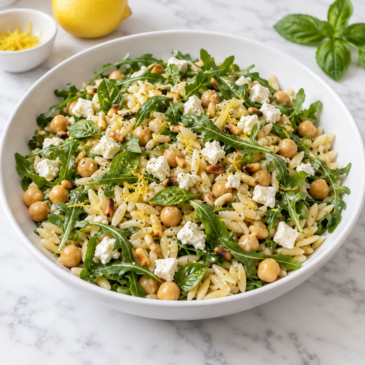 Lemon arugula orzo salad with chickpeas, crumbled feta, toasted pine nuts, basil, and lemon zest served in a modern white ceramic bowl on a bright white marble surface, showing glossy orzo and fresh peppery greens.