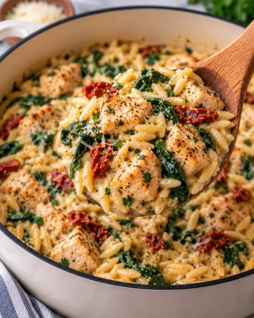 Close-up of creamy high-protein chicken orzo lifted from the same cream-colored Dutch oven on a bright white marble-style surface, showing seared chicken, orzo, spinach, sun-dried tomatoes, Parmesan, herbs, and a rich creamy texture.