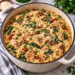 Creamy high-protein chicken orzo served in a cream-colored Dutch oven on a bright white marble-style surface, with seared chicken pieces, orzo, wilted spinach, herbs, Parmesan, and a rich creamy texture.