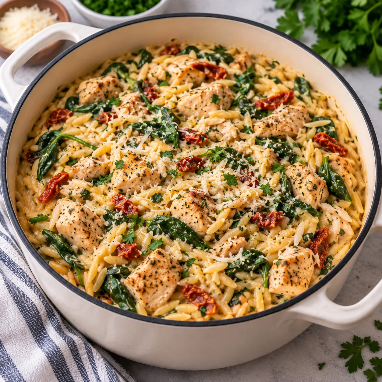 Creamy high-protein chicken orzo served in a cream-colored Dutch oven on a bright white marble-style surface, with seared chicken pieces, orzo, wilted spinach, herbs, Parmesan, and a rich creamy texture.