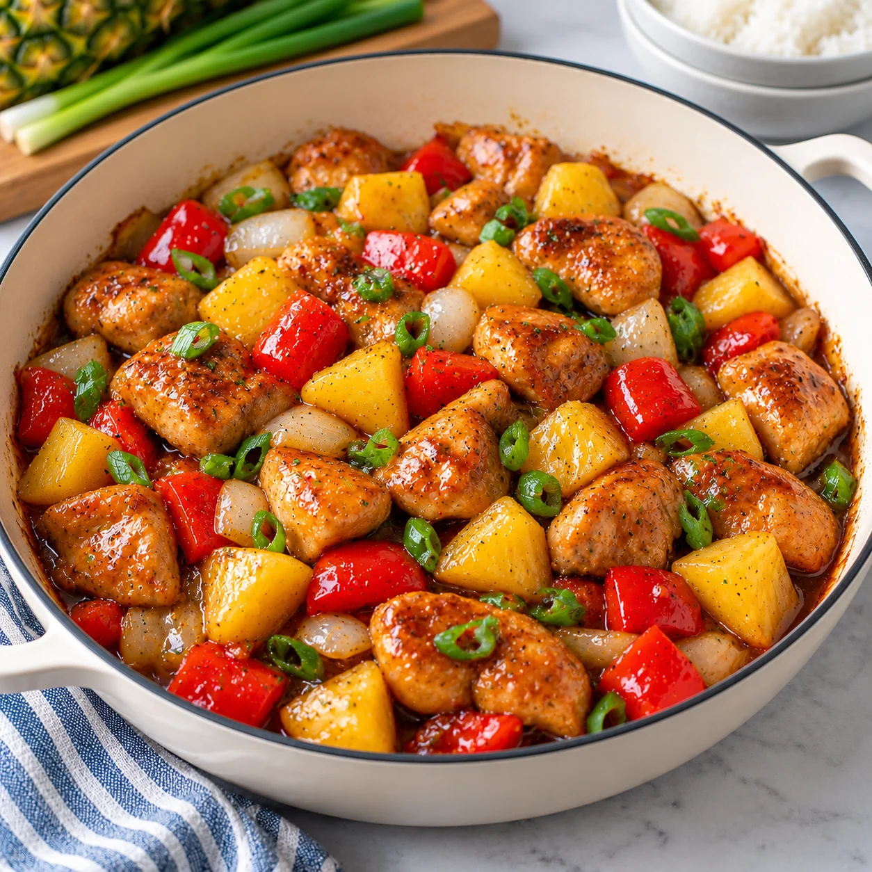 Pineapple chicken stir-fry served in a cream enamel skillet on white marble, with glossy browned chicken, pineapple chunks, red bell pepper, onion, scallions, and sticky sauce.