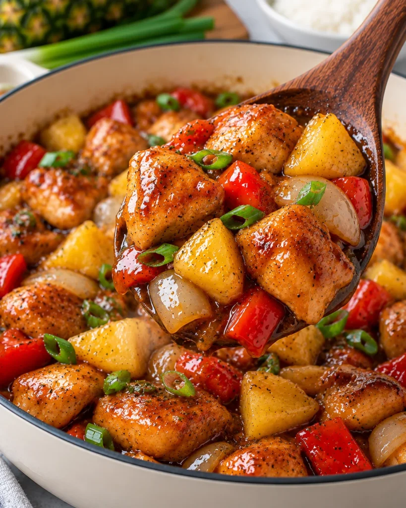 Close-up of pineapple chicken in a cream enamel skillet on white marble, with a wooden spoon lifting glossy chicken, pineapple chunks, red bell pepper, onion, scallions, and sticky sauce.