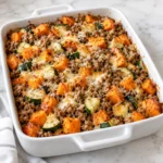 Ground turkey sweet potato casserole in a white ceramic baking dish on a bright white marble surface, with roasted sweet potato cubes, zucchini, browned turkey, and melted parmesan shown in a complete square main recipe photograph.