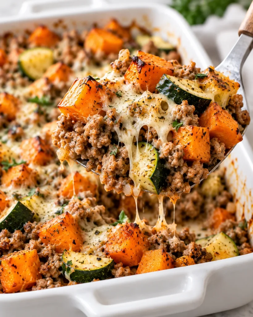 Close-up of ground turkey sweet potato casserole being lifted from the same white ceramic baking dish on a white marble surface, showing roasted sweet potatoes, zucchini, browned turkey, melted cheese, and a disturbed serving area where the portion was removed.